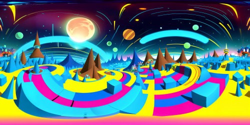 Sonic's world in VR360, futuristic Green Hill Zone, glowing neon loops, massive gold rings floating, infinitely tall checkered mountains, sky studded with Star Light Zone constellations, ultra high-resolution, anime-meets-Pixar style.