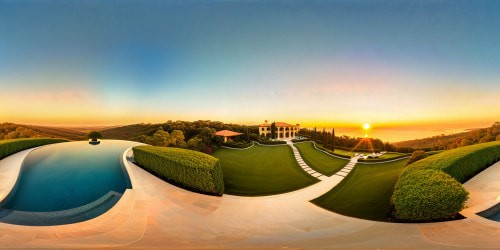 A meticulously crafted, flawlessly designed modern mansion nestled in pristine surroundings, with sprawling manicured gardens, sparkling infinity pool, grand sweeping driveway, under the warm glow of a golden hour sunset, ultra high resolution.