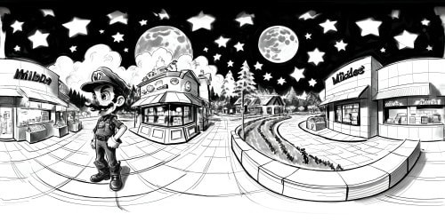 Waluigi standing outside a McDonalds under a starry night sky with a small bright moon and light clouds.