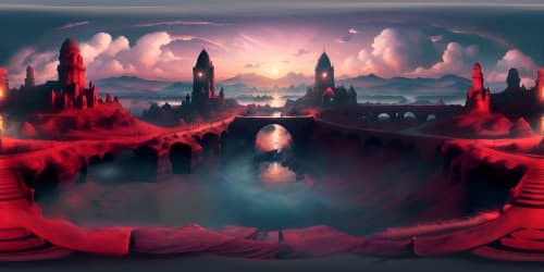 as TV drama Stranger Thing styled Gothic Castles SURROUNDED BY vocalnic stones. dark red background 