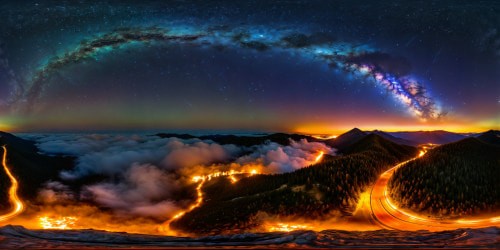 A perfect, ultra high-resolution masterpiece capturing a dark, enchanting night sky, ablaze with distant flickering flames and shimmering stars, evoking a truly mesmerizing and ethereal atmosphere.