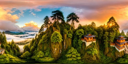 A stunning panoramic vista of the enchanting tree city of Solace, with intricate wooden abodes enveloped in lush green canopies, ethereal mist dancing amidst radiant golden sunlight, a flawless ultra-high-resolution masterpiece awaiting creation.