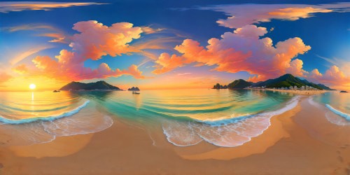 Ideal prompt: A breathtaking golden sunset casting pastel shades over the pristine Busan beach, with shimmering sands mirroring the dreamy sky, meeting the azure waters, adorned with dynamic clouds in ultra-high resolution, crafting a mesmerizing masterpiece of coastal serenity in flawless detail.