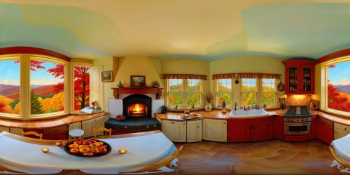 A flawlessly detailed, ultra-high-resolution image of a cozy English kitchen adorned with a crackling fireplace and a picturesque window above the sink, revealing a captivating autumn landscape with vibrant foliage, rolling hills, and soft golden light filtering through colorful trees.