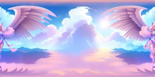 Masterpiece VR360 view, celestial rabbit angel, ultra-high resolution, pastel-hued, gentle luminescence from angelic bunny. VR360 perspective, shimmering fur texture, luminescent wings spread wide. Ethereal skyscape, fluffy clouds encircling, starlight piercing through.