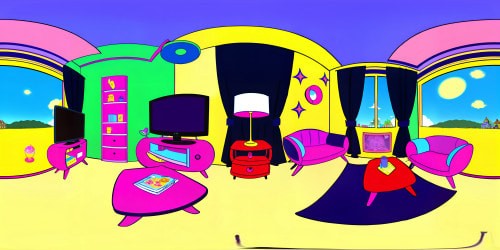 VR360 spongebob pineapple house, ultra high-res, masterpiece quality. VR360 view: inside pineapple, nautical knick-knacks, large television, blue-striped couch. Jotaronkujoh and Patrick, manga-stylization, vibrant colors. Striking Pixar-style details: floating jellyfish, bubbles, undersea glow.