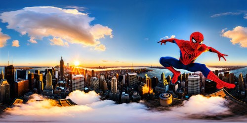 Flawless high-resolution image capturing Spiderman gracefully soaring through vibrant sunlit New York City skies, seamlessly leaping between iconic rooftops, flawless detail and depth, creating a masterpiece of superhero motion and urban energy.