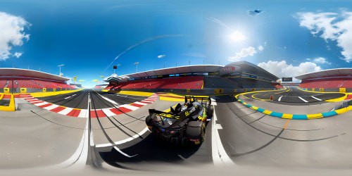 VR360 Formula1 pit lane: ultra-sharp detail, glossy race cars, animated pit crew, rapid tire change, vibrant team colors. Cinematic masterpiece quality, photorealistic finish. High-tech gear, bustling energy, dynamic VR360 scene of relentless speed, precision.