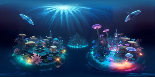 VR360 view of luminescent bioluminescent underwater kingdom, majestic coral castles, swimming jellyfish constellations. Ethereal, Pixar-style 3D detailing. Crystal-clear, ultra high-res masterwork in VR360.