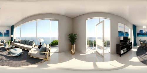 Superior VR360, prime artwork, ultra high-def. Sumptuous living room VR360 view, expansive cityscape panorama via oversized glass panes. Epicurean minimalist furnishings, digital oil artistry. VR360 perspective, golden twilight skyline, elite harbored cruise liners.