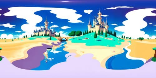 VR360 view, peach's castle in the sky, monumental, ultra high-resolution, masterful detailing, less focus on Scottish terriers, emphasize vast, cloud-dotted skyline, fantasy art style