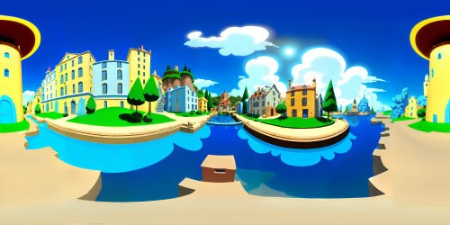 Majestic cobalt-blue village, VR360 expansive landscape, high-resolution masterpiece. Whitewashed houses awash in twilight blue, winding cobblestone streets, azure sea beyond. Effortless blend of Pixar-style charm, digital painting precision. Mesmerizing, unforgettable, VR360 immersive.