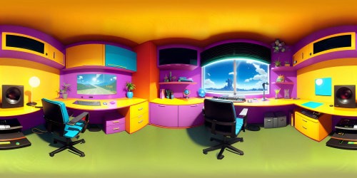 Retro 80s room VR360 masterpiece, ultra-high-res, prominent Amstrad CPC 464. Geometric patterned carpet, bold colors, single swivel chair, extensive corner desk, cassette tape collection. Sleek CRT monitor for VR360 nostalgia, airbrushed art style dominance, detailed textures, optimal clarity.