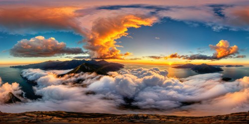 A flawless, high-definition sunset over a tranquil sea, enveloping the distant misty mountains under a tumultuous blanket of billowing clouds, an absolute artistic masterpiece in ultra-high resolution.