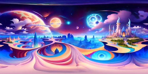 Masterpiece surreal art, VR360 views of distorted reality. Gravity-defying landscapes, contorting celestial bodies, fractal patterns in sky. Ultra high-res details, intricacies in abstract forms, vivid colors. Essence of dreamlike state, encapsulated in VR360 panorama.
