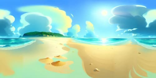 Masterpiece quality, ultra high-res VR360 scene, Nue Sur La Plage impression, intricate color palette. VR360 seaside panorama, soft sand texture, cerulean sea, delicate shells, gossamer clouds. Minimalist yet detailed, immersive.