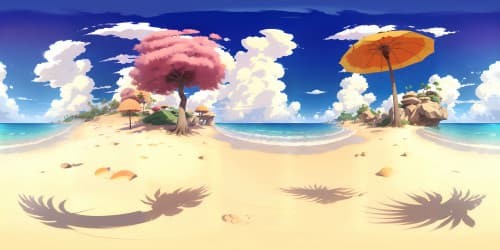 High-res VR360 masterpiece, sandy shoreline, azure waves, scattered seashells. Picasso-inspired cubism, palm tree horizon, near-abstract formations. Lone tropical umbrella silhouette, VR360 coral sunset, lengthening shadows, intricate detailing. Digital painting, vibrant colors, extraordinary VR360 panorama, ultimate craftsmanship.