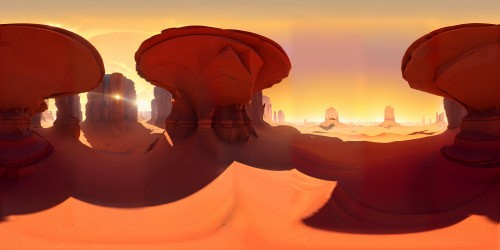 Masterpiece VR360 of Monument Valley, towering ultra high-res sandstone buttes. Expansive orange-red desert, intricate digital art style. Smooth, high-detail sand textures, depth-enhanced shadows. VR360 blue sky, fluffy cloud panorama, artfully concealed sun. High-quality, immersive VR360 experience.