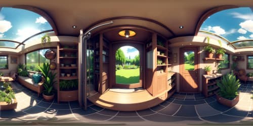 Masterpiece quality, ultra-high resolution, VR360 greenhouse panorama. Lush foliage, condensation droplets, glass panel reflections. Subtle shadows, verdant hues, touch of fantasy art style in VR360.