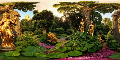 In a lush, vibrant garden, colossal statues of enchanting goddesses rise, etched with intricate details, bathed in golden sunlight, dripping with florals, leaves, and dappled water, striking the perfect balance between hyperrealism and fantasy, an awe-inspiring sight in a realm of highest-resolution beauty.