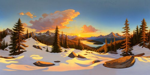 An idyllic, picture-perfect mountain landscape at golden hour, featuring crystal-clear alpine lake, snow-capped peaks, lush pine forests, glowing sunset casting pastel hues on the scene, ultra-high-resolution, creating a flawless, museum-quality masterpiece.