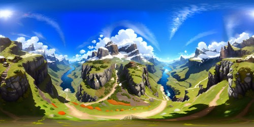 Masterpiece quality, ultra-high-resolution, majestic Alpine mountains, snow-capped peaks, VR360 panorama. Steep, jagged cliffs, deep green valleys. Glacier-fed lakes mirroring cloudless azure sky. Digital painting style, detailed texture, crisp edges, play of light and shadow, VR360 scenic immersion.
