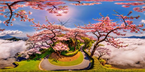 A picturesque, dazzling anime world with vibrant cherry blossom trees in bloom, a pristine reflecting pond, a pastel-hued sky, fluttering petals, and adorable chibi characters in a whimsical, dreamlike setting.