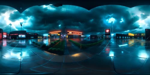 Ultra-high resolution VR360 view, vast, desolate parking area, nighttime deluge. Noir-style monochrome, raindrops suspended in air, cascading downpour enveloping gloomy panorama. VR360 scene dominating with a masterpiece quality of rain-soaked emptiness.