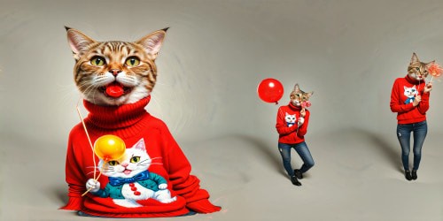 Ideal prompt: A flawless portrait of a captivating, high-definition image featuring a stylish cat in a vibrant red ripped sweater, playfully indulging in a lollipop and bubble gun with intricate details and stunning realism.