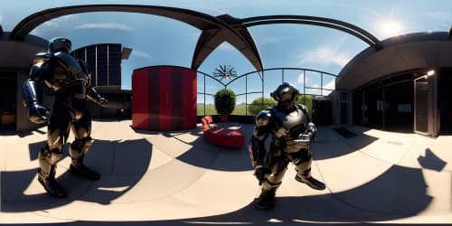 Realistic 3D photography of a giant muscle soldier in his home