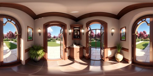 Grand family home, VR360 view, immaculate lawn, cobblestone path, colorful garden. Cherry wood door, stained glass windows. Sky: hues of sunset, VR360 experience, scattered wisps of cloud. Style: Ultra HD realism, emphasis on texture, color contrast, depth.