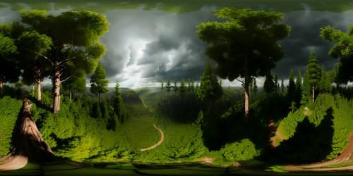 Masterpiece quality VR360, ultra high-res. Tree canopy panorama under stormy, dark clouded sky. Rain-swept forest hillside, creating immersive VR360 sky view.