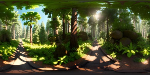 Lush forest with redwood trees minimal undergrowth looking upwards from the floor to the canopy