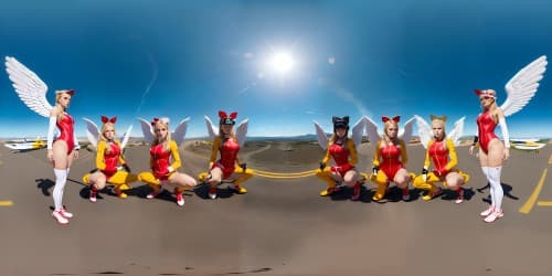 five female angels wearing red leotards with pink trim_they have golden wings_the women have gold halos over their heads_one woman has blue eyes_two of the women are blonde_they are squatting_legs spread_arms above their heads