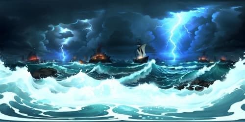 Masterpiece VR360, ultra-high-res, turbulent ocean waves clashing, electrifying lightning storm, night-time sky view, dark thunderclouds, charged atmosphere, silhouettes of tossed sea foam. Pixar-style finesse, visual richness, impact.