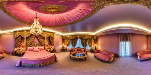 A flawless, luxurious private chamber suffused with soft pink light, intricate lace draperies, plush velvet furnishings, glistening crystal chandelier, ornate gilded accents, and subtle rose-scented air, designed for intimate, romantic moments, ready to envelop you in a dreamy, elegant atmosphere in ultra-high resolution.