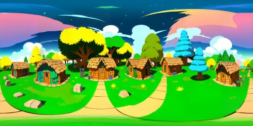 Ultra-high resolution VR360 Gaulish village, Asterix-style artistry. Quaint huts, grand menhirs, mighty oaks, embracing lush greenery. Bold lines, vibrant color splashes, cartoonish charm. VR360 panorama, cloud-kissed sky, radiant sunset tones, twinkling star-lit canvas.