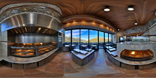 A flawlessly detailed artisanal pizzeria interior with polished marble countertops, gleaming stainless steel ovens, intricate mosaic tile floors, warm ambient lighting, and a rustic wood-fired pizza oven exuding warmth and delicious aromas, captured in ultra-high resolution for an immersive culinary experience.