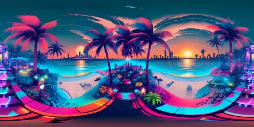 VR360 view, Miami skyline at twilight, silhouette of palm trees, soft glow of neon lights. Style: Ultra high-resolution digital painting, distinct, vivid colors, photorealistic texture. VR360 panoramic shot, masterpiece quality, impactful contrast.