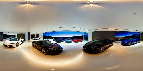 A showroom displaying a stunning array of sleek, polished sports cars under dazzling spotlights, each reflecting flawlessly off the glossy floors, highlighting every curve and metallic sheen in ultra high-resolution perfection.