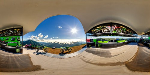 A flawlessly detailed garage equipped for motocross supercross, featuring vibrant Monster Energy branding, gleaming Kawasaki motorcycles, ultra-high resolution, intricate textures, and flawless lighting, creating a perfect masterpiece of the motocross world.