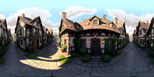 VR360 view: quaint town, cobblestone streets, half-timbered houses, flower baskets hanging, ivy-draped walls, stone-built fountains. VR360 panorama: sun setting, pastel-hued sky, fluffy clouds. Ultra-high resolution, realistic textures, detailed shadows, masterpiece quality, digital painting style.