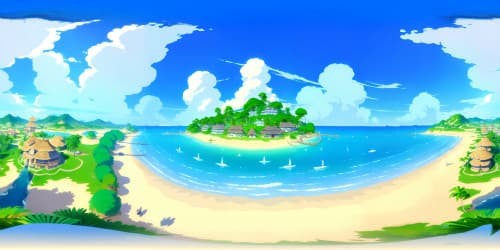 Exquisite craftsmanship, ultra-HD resolution, ONE PIECE theme, VR360 anime art style. Tropical islands, straw-hat pirate ship, vast blue sea. Grand sky view, sunset hues, cotton clouds.