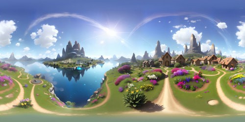 Ultra-high-res VR360 flower garden panorama, photorealistic rendering of vibrant flora, CGI rendering, masterpiece quality, hillock charm. VR360 picturesque lake view, distant snow-capped peaks, apex quality imagery. Luxurious modernity against rustic allure for VR360 perfection, grandeur in high-tech execution, nostalgic charm.