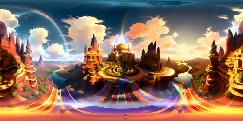 VR360 celestial realm in ultra high res, golden gates gleaming, cloudscape ethereal. Brilliant light bursts seraphically, cascading over arches, opalescent rainbows. Panoramic VR360, divine tranquility, impressively showcased in da Vinci's chiaroscuro style. Exquisite quality, VR360 heavenly masterpiece.