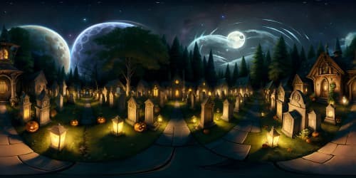 halloween graveyard, autumn leaves, pumpkins, scarecrow at night with stars and jacko'lanterns skyview