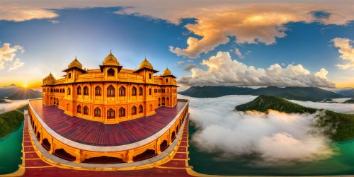 A grand, opulent Indian palace glowing in the warm rays of the setting sun, intricate golden carvings catching the light, vibrant silk draperies billowing gently, reflecting in a crystal-clear lake in the foreground, the epitome of artistic perfection, immaculately detailed in ultra-high resolution.