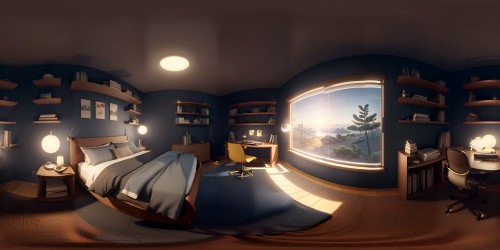 Masterpiece quality, ultra HD resolution, VR360 realistic night scene, cozy reading ambience, endless bookshelves, VR360 soft light illumination, Pixar-style texturing, calming color palette, immersive glow from reading lamp, intricate book details, warmly lit corners.