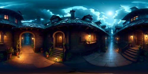 VR360 view: Roof top view of Dimly-lit alleyways, cobblestone paths, VR360 skyline: dark, ominous clouds, scattered moonlight. Style: Ultra high-resolution, fine details, grand masterpiece, shadow play.