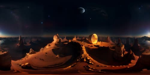 Masterpiece quality, ultra-high-res VR360, obsidian-tinged night sky. Ethereal star clusters gleaming, far-off cosmic realms. Realistic celestial bodies. sky filled with heavenly bodies